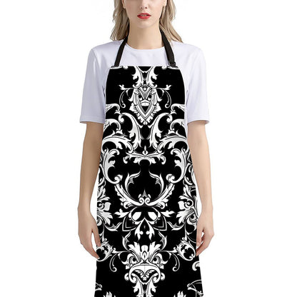 Black And White Damask Pattern Print Bib Apron With Pocket