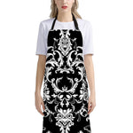 Black And White Damask Pattern Print Bib Apron With Pocket