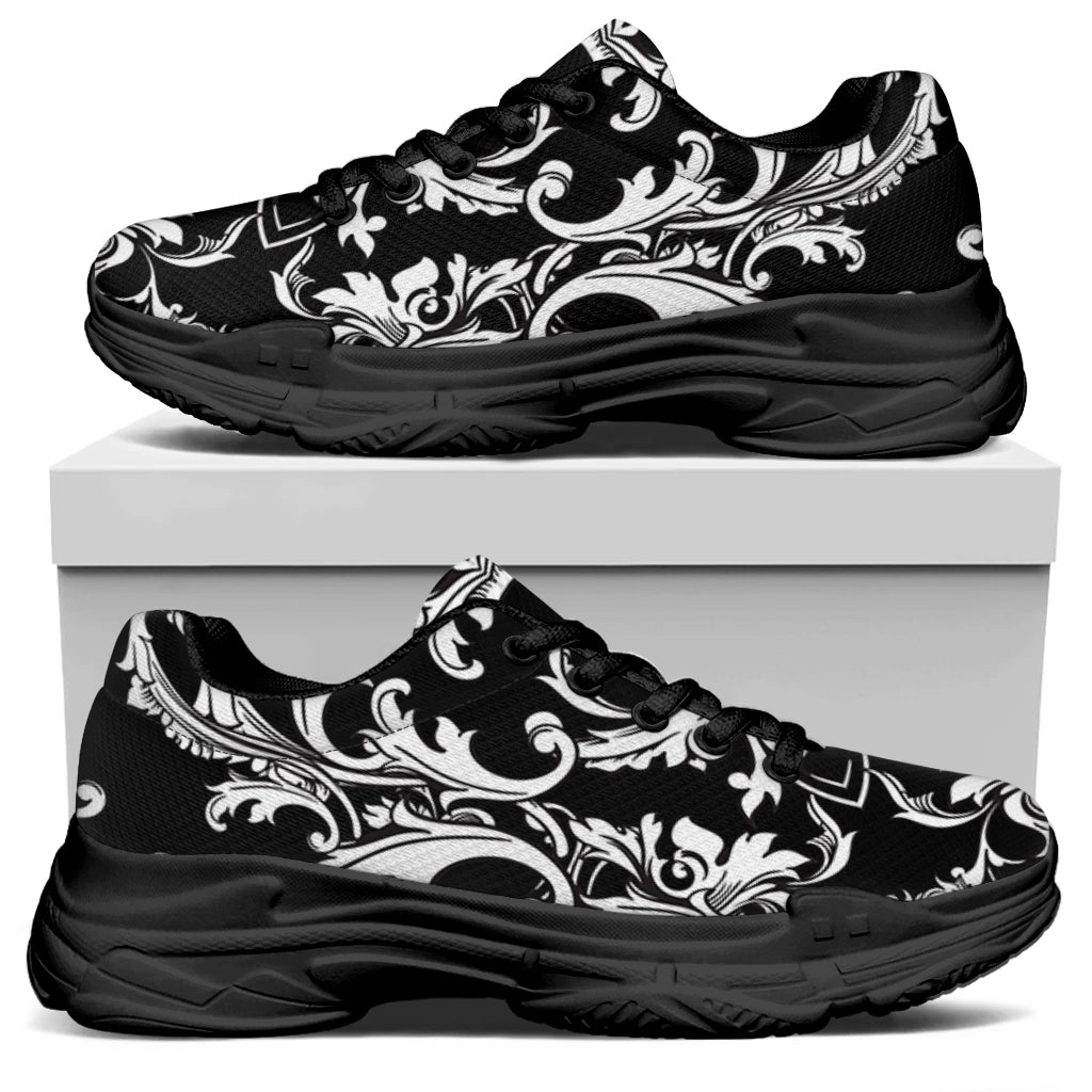 Black And White Damask Pattern Print Black Chunky Shoes