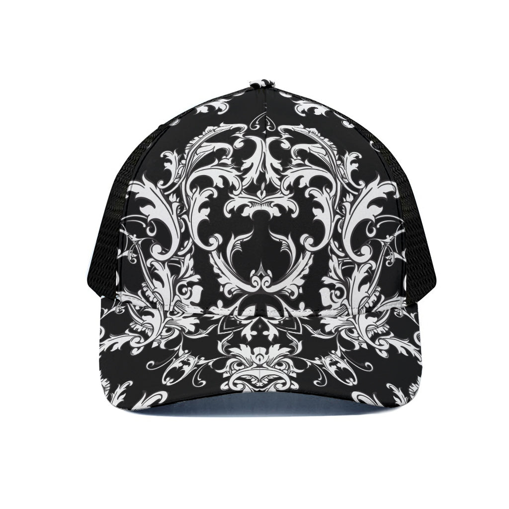 Black And White Damask Pattern Print Black Mesh Trucker Cap