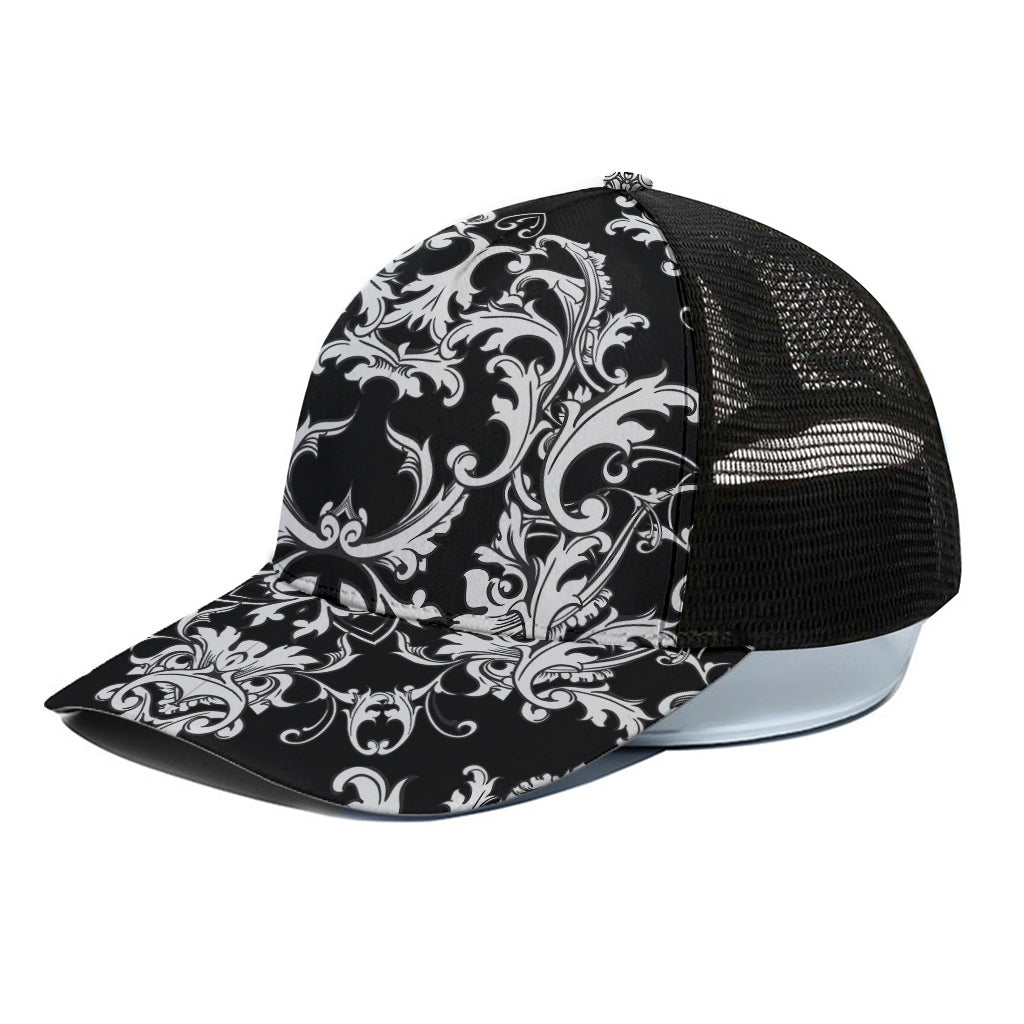 Black And White Damask Pattern Print Black Mesh Trucker Cap