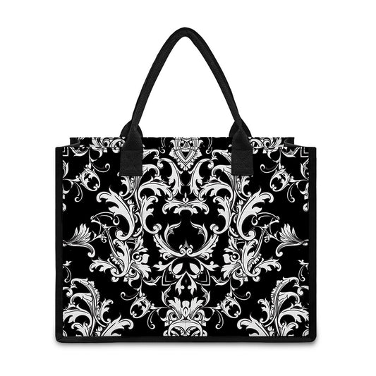 Black And White Damask Pattern Print Canvas Tote Bag