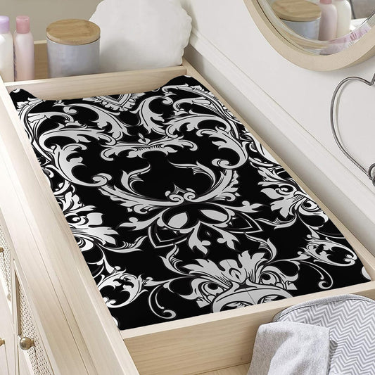 Black And White Damask Pattern Print Changing Pad Cover