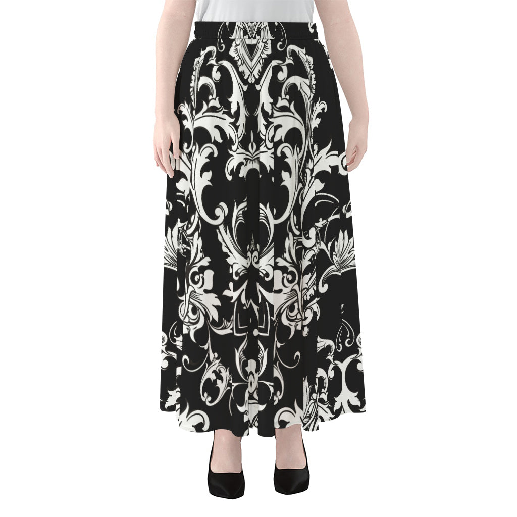 Black And White Damask Pattern Print Chiffon Maxi Skirt