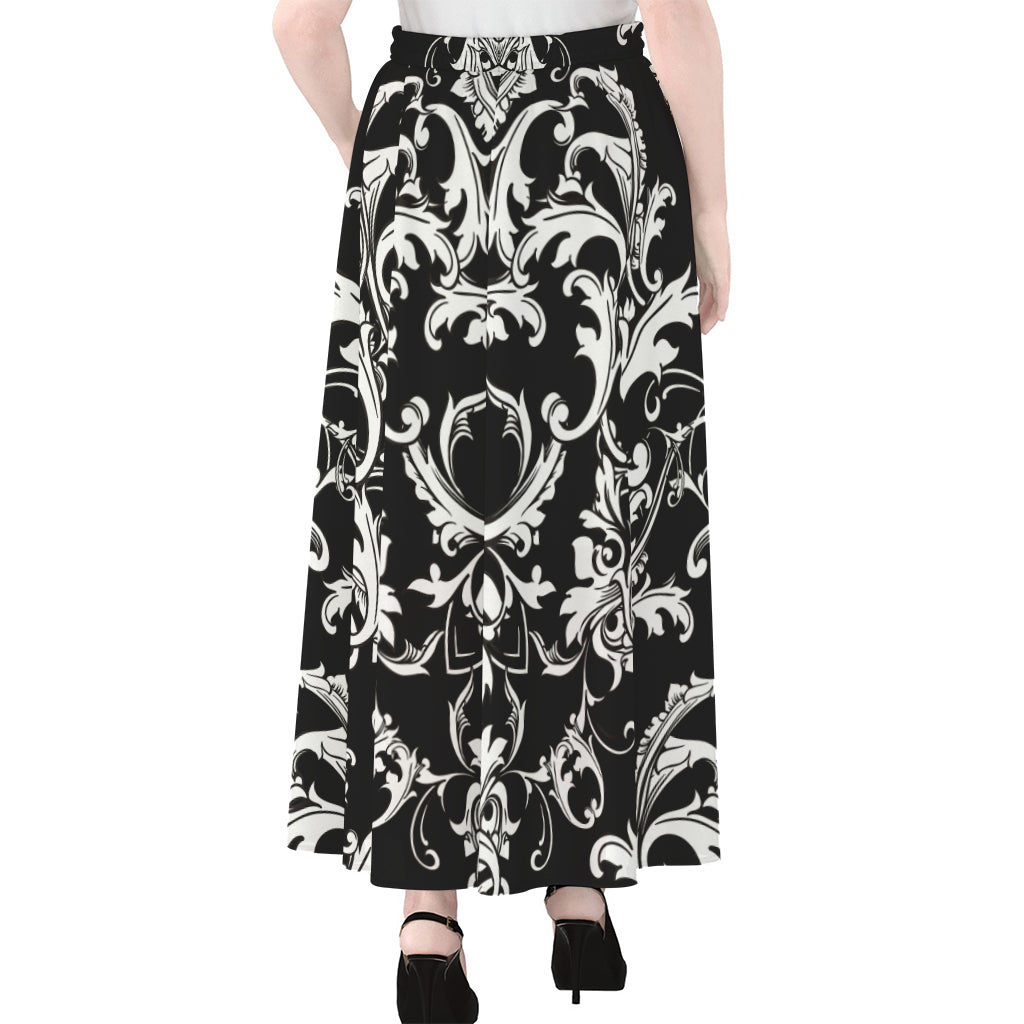 Black And White Damask Pattern Print Chiffon Maxi Skirt