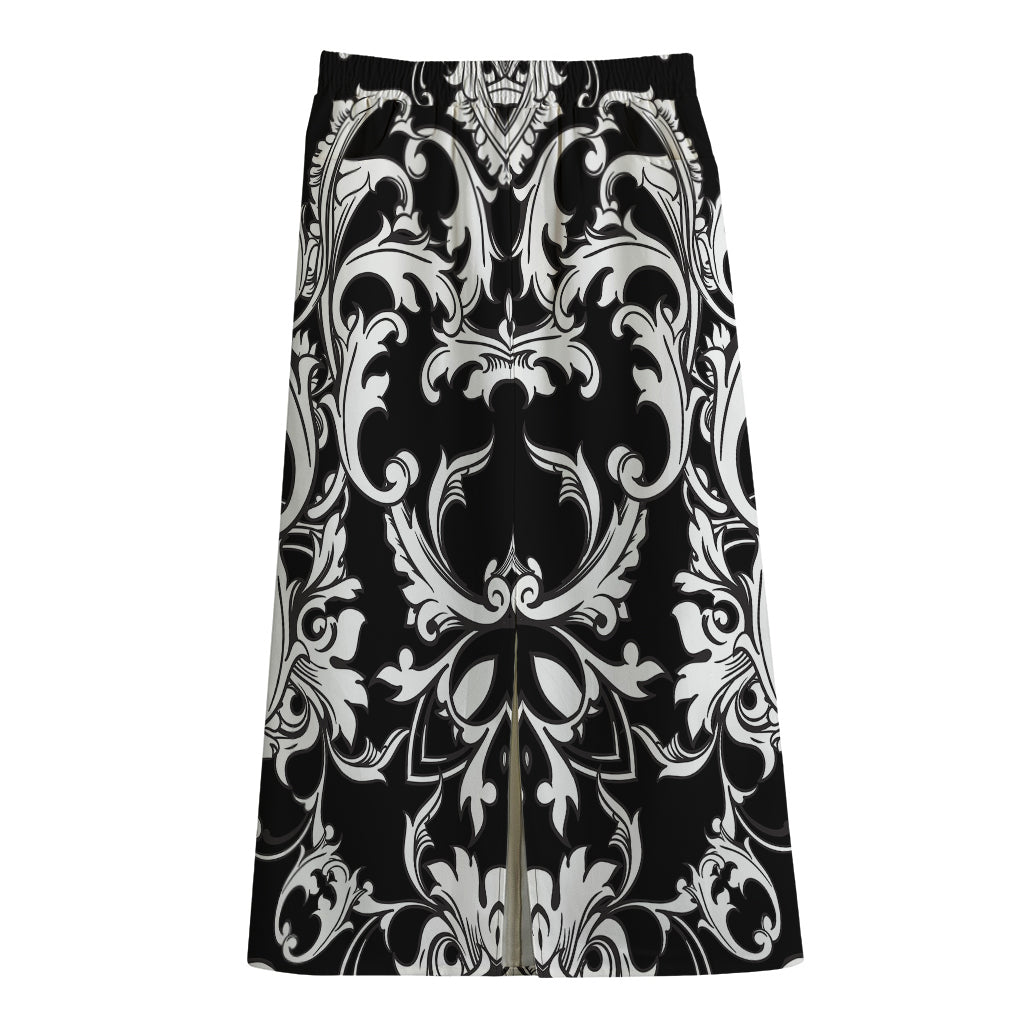 Black And White Damask Pattern Print Cotton Front Slit Maxi Skirt