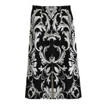 Black And White Damask Pattern Print Cotton Front Slit Maxi Skirt