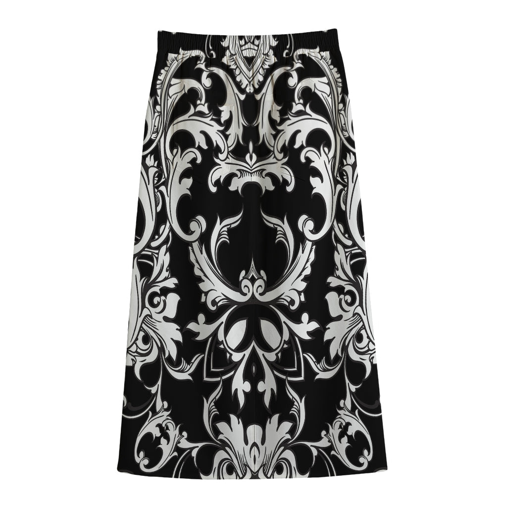 Black And White Damask Pattern Print Cotton Front Slit Maxi Skirt