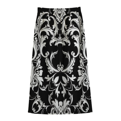 Black And White Damask Pattern Print Cotton Front Slit Maxi Skirt