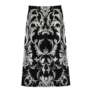 Black And White Damask Pattern Print Cotton Front Slit Maxi Skirt