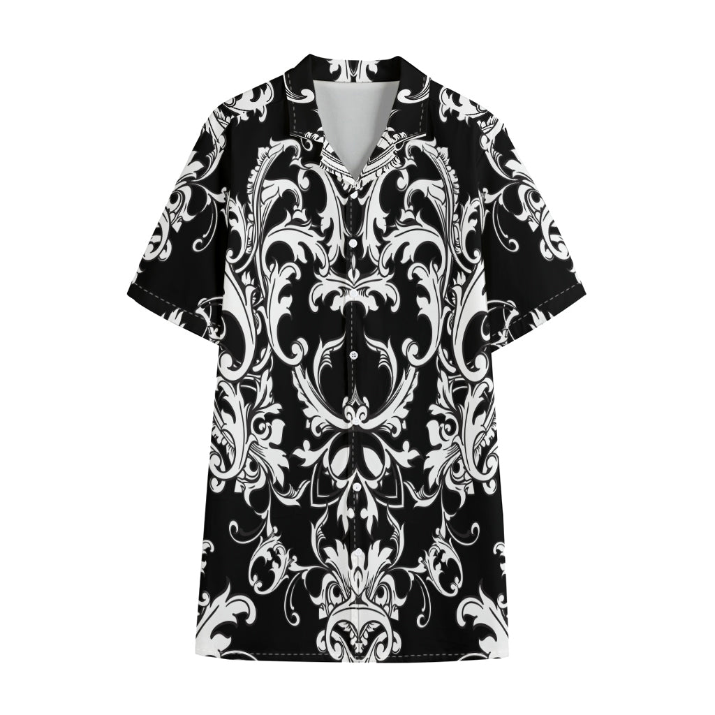 Black And White Damask Pattern Print Cotton Hawaiian Shirt