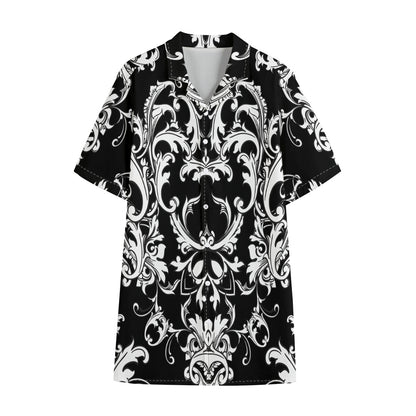 Black And White Damask Pattern Print Cotton Hawaiian Shirt