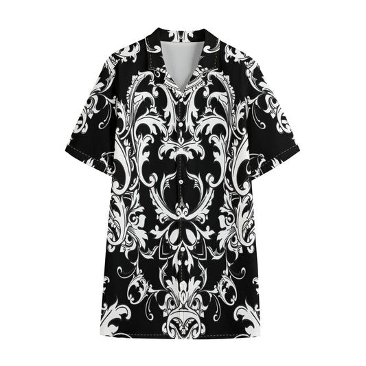 Black And White Damask Pattern Print Cotton Hawaiian Shirt