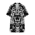 Black And White Damask Pattern Print Cotton Hawaiian Shirt