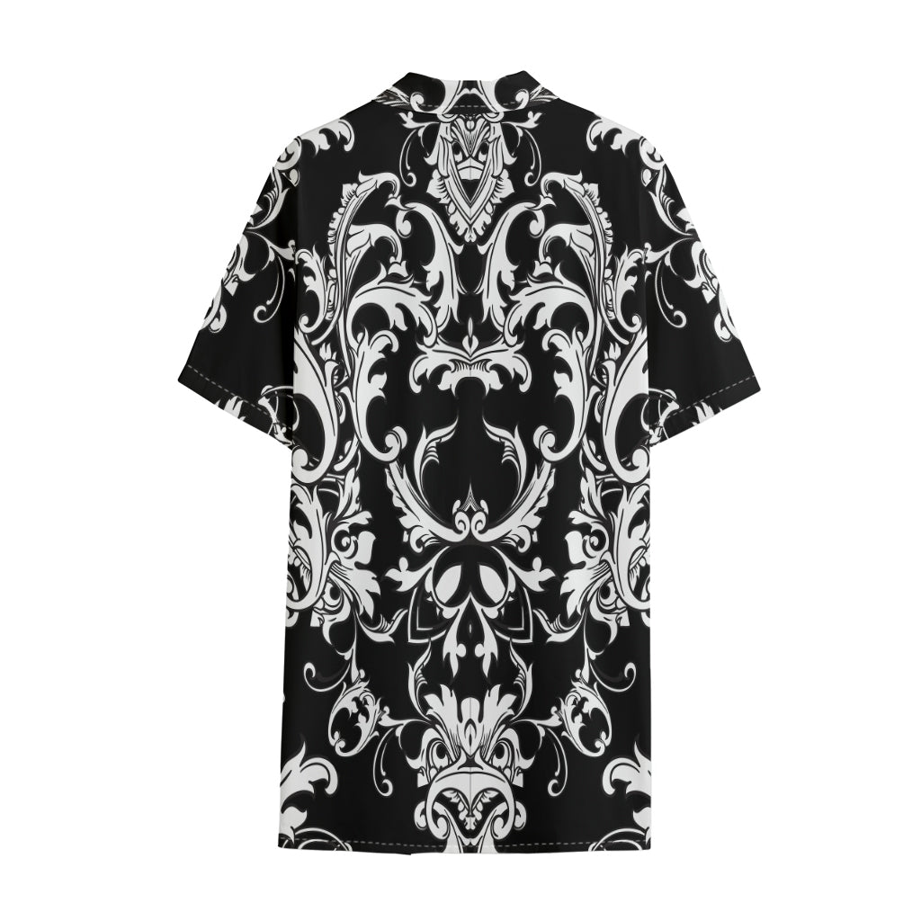 Black And White Damask Pattern Print Cotton Hawaiian Shirt