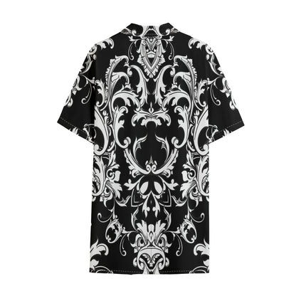 Black And White Damask Pattern Print Cotton Hawaiian Shirt