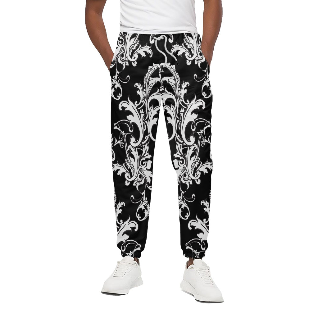 Black And White Damask Pattern Print Cotton Pants