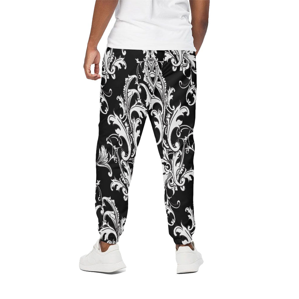 Black And White Damask Pattern Print Cotton Pants