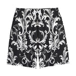 Black And White Damask Pattern Print Cotton Shorts