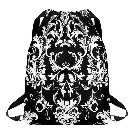 Black And White Damask Pattern Print Drawstring Backpack