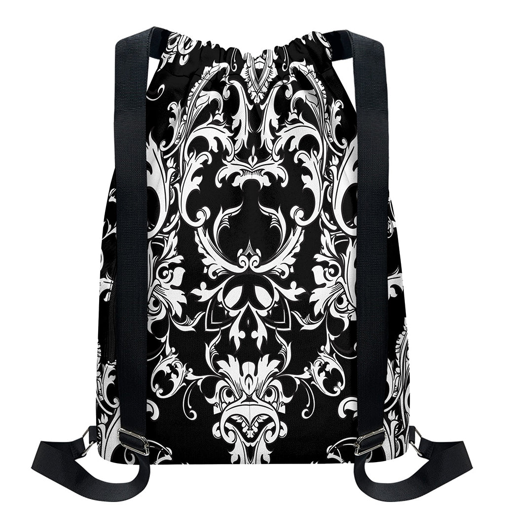 Black And White Damask Pattern Print Drawstring Backpack