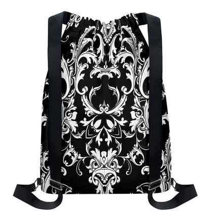 Black And White Damask Pattern Print Drawstring Backpack