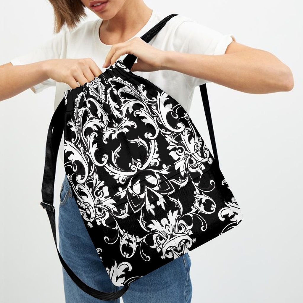 Black And White Damask Pattern Print Drawstring Backpack