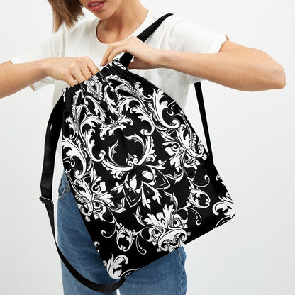 Black And White Damask Pattern Print Drawstring Backpack