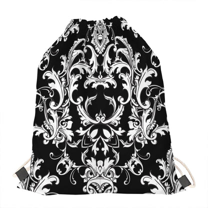 Black And White Damask Pattern Print Drawstring Bag