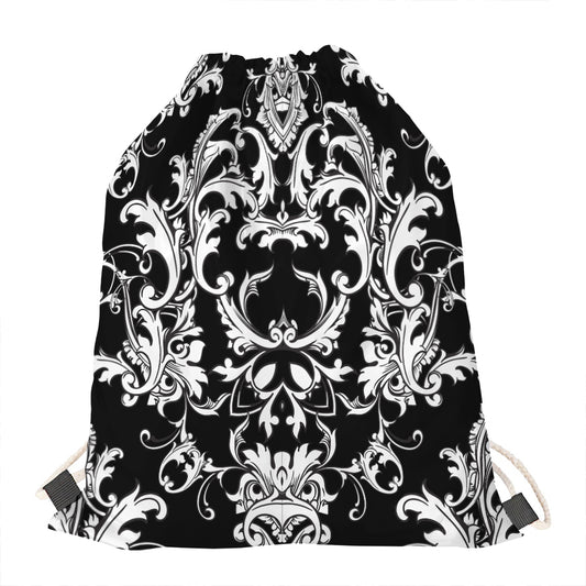 Black And White Damask Pattern Print Drawstring Bag
