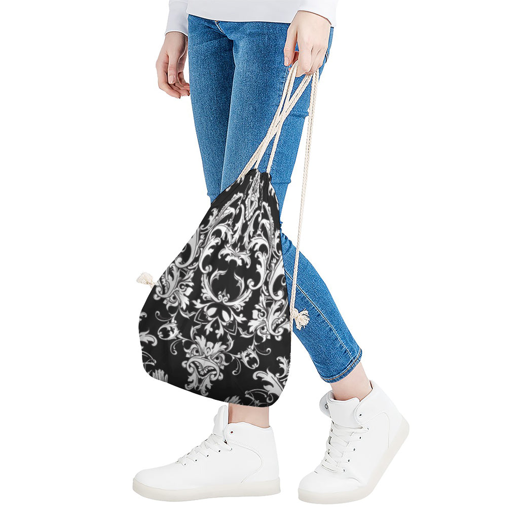 Black And White Damask Pattern Print Drawstring Bag