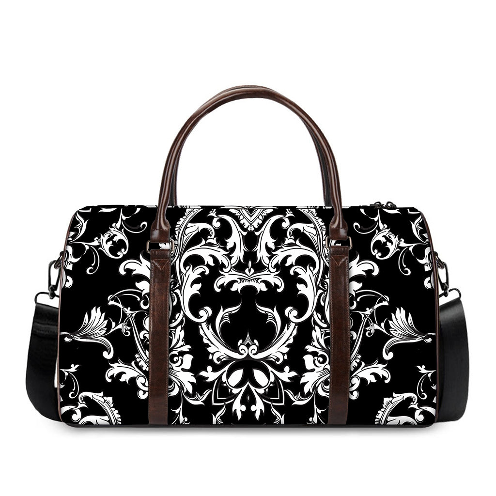 Black And White Damask Pattern Print Duffle Bag