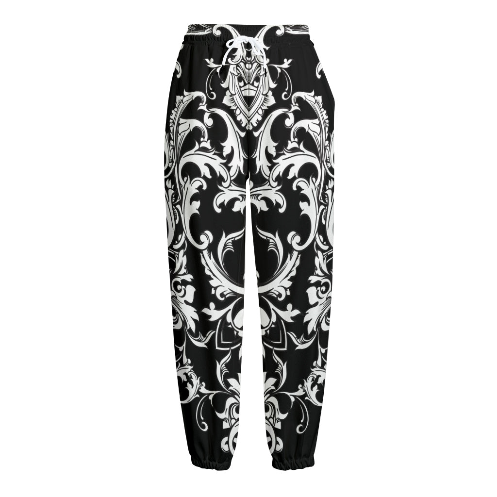 Black And White Damask Pattern Print Fleece Lined Knit Pants
