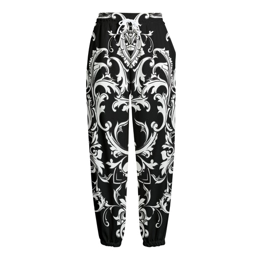 Black And White Damask Pattern Print Fleece Lined Knit Pants