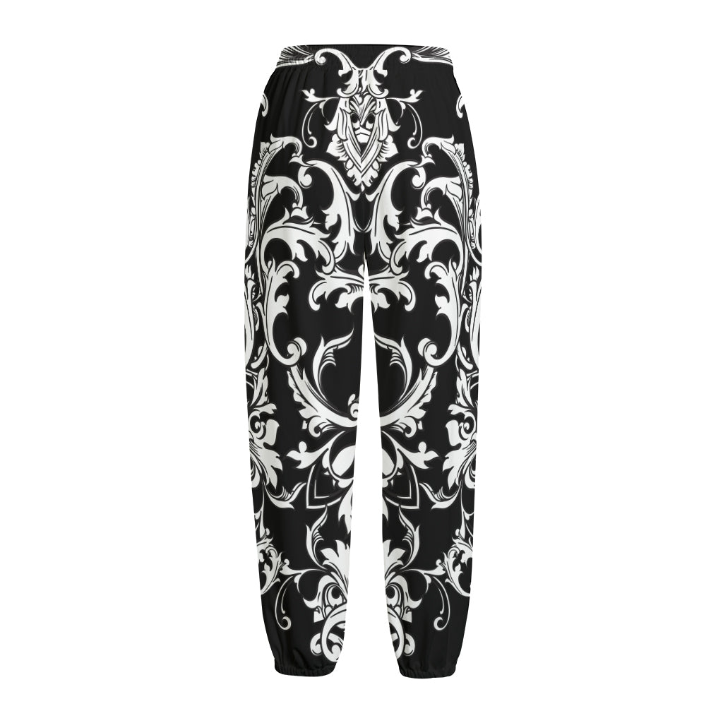 Black And White Damask Pattern Print Fleece Lined Knit Pants