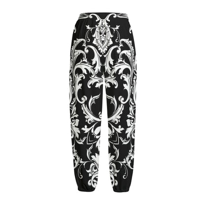 Black And White Damask Pattern Print Fleece Lined Knit Pants