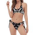 Black And White Damask Pattern Print Halter Scoop Tie Side Bikini