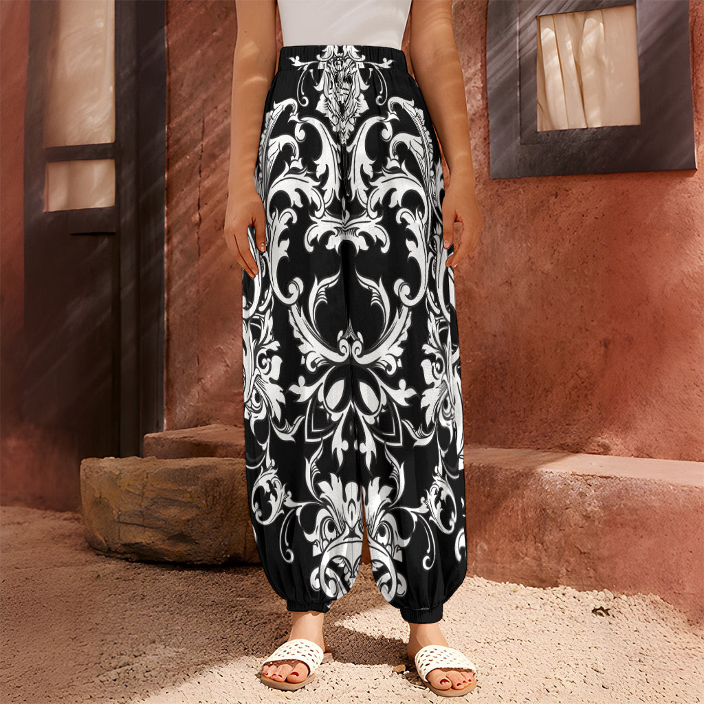 Black And White Damask Pattern Print Harem Pants