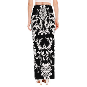 Black And White Damask Pattern Print High Slit Maxi Skirt