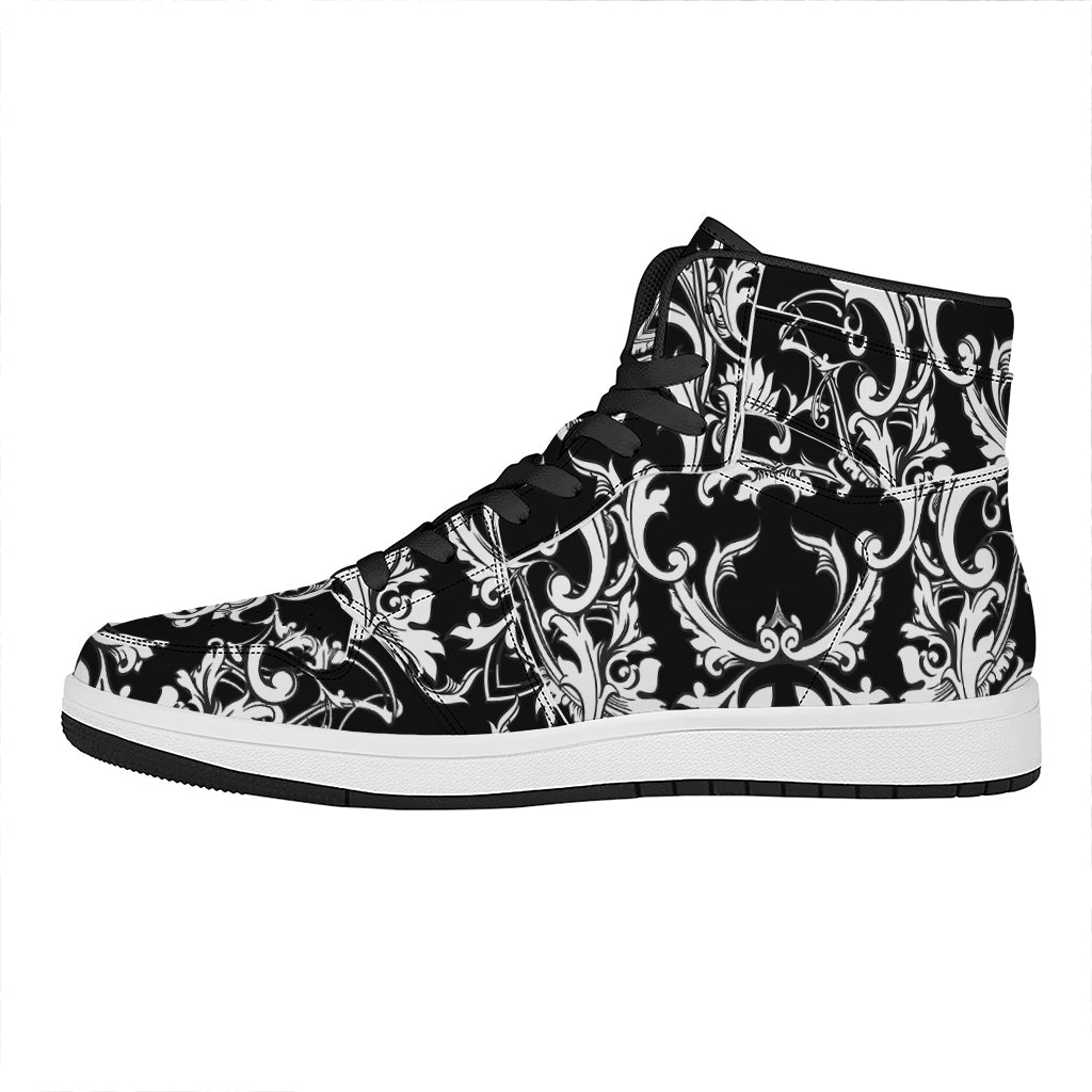 Black And White Damask Pattern Print High Top Leather Sneakers