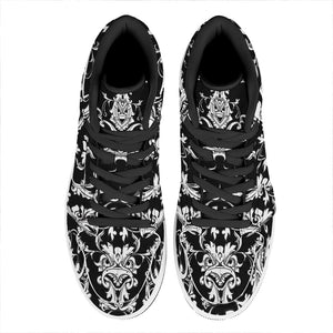 Black And White Damask Pattern Print High Top Leather Sneakers