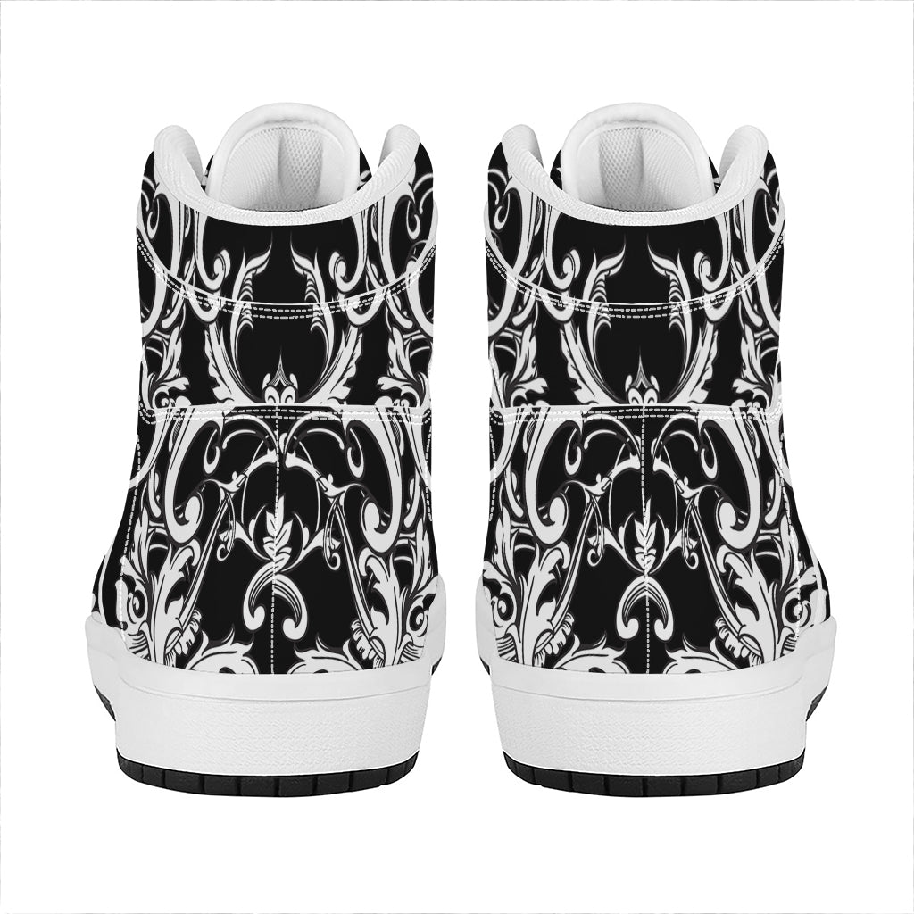 Black And White Damask Pattern Print High Top Leather Sneakers