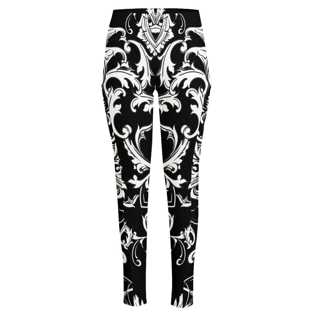 Black And White Damask Pattern Print High-Waisted Pocket Leggings