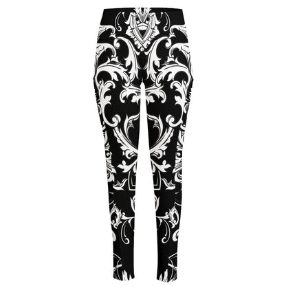 Black And White Damask Pattern Print High-Waisted Pocket Leggings