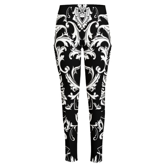 Black And White Damask Pattern Print High-Waisted Pocket Leggings