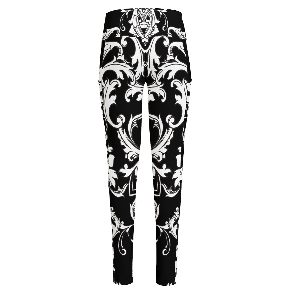 Black And White Damask Pattern Print High-Waisted Pocket Leggings