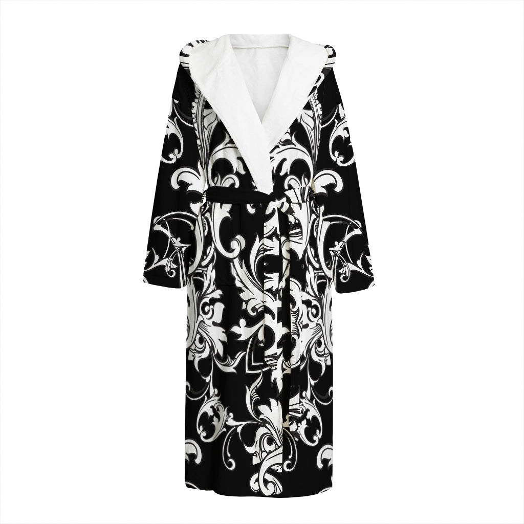 Black And White Damask Pattern Print Hooded Bathrobe