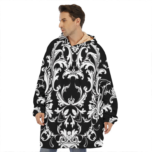 Black And White Damask Pattern Print Hoodie Blanket
