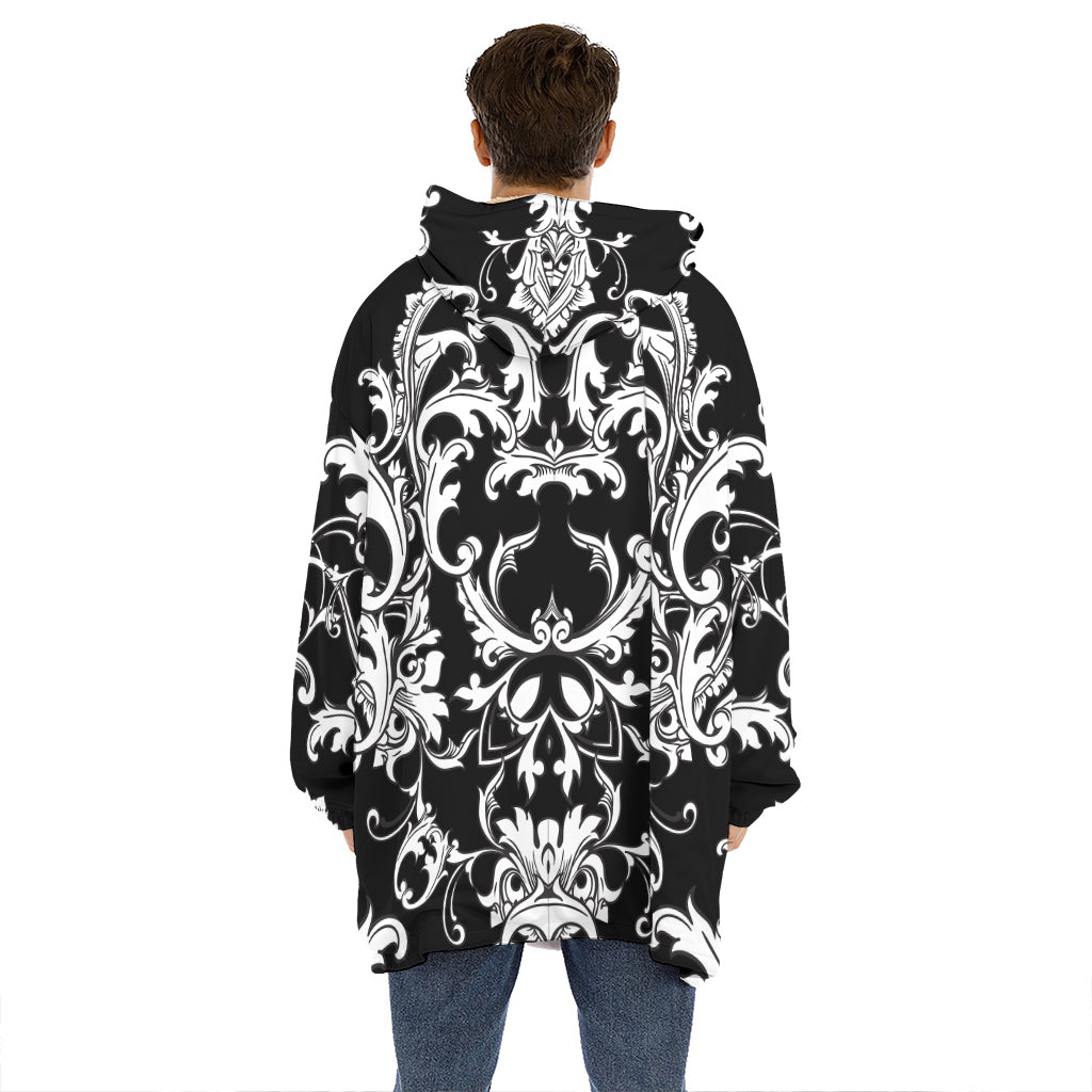 Black And White Damask Pattern Print Hoodie Blanket