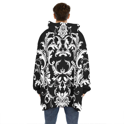 Black And White Damask Pattern Print Hoodie Blanket